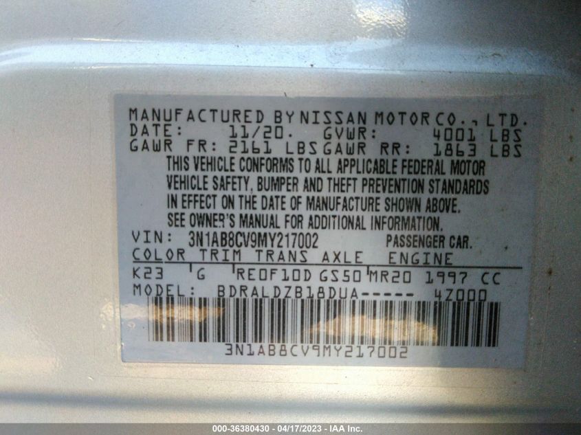 2021 NISSAN SENTRA SV - 3N1AB8CV9MY217002