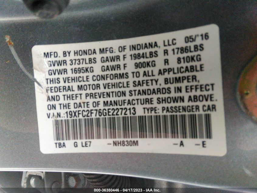 2016 HONDA CIVIC SEDAN EX - 19XFC2F76GE227213
