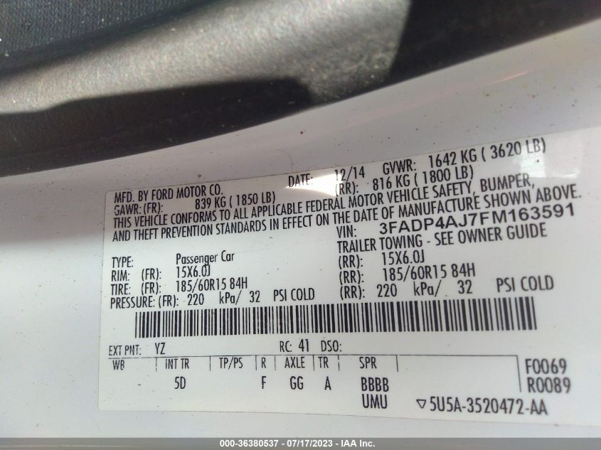 2015 FORD FIESTA S - 3FADP4AJ7FM163591