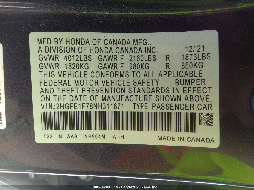 2022 HONDA CIVIC SEDAN EX - 2HGFE1F78NH311671