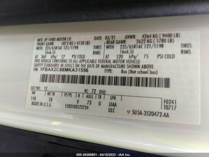 2021 FORD TRANSIT PASSENGER WAGON XL/XLT 1FBAX2C88MKA31556