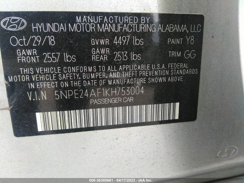 VIN 5NPE24AF1KH753004 2019 HYUNDAI SONATA SE