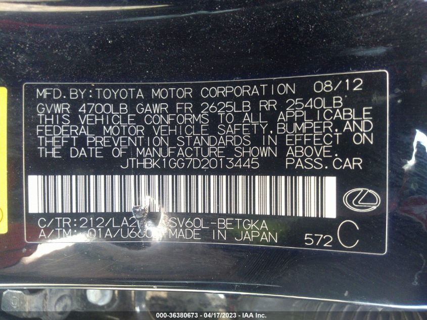 2013 LEXUS ES 350 4DR SDN - JTHBK1GG7D2013445
