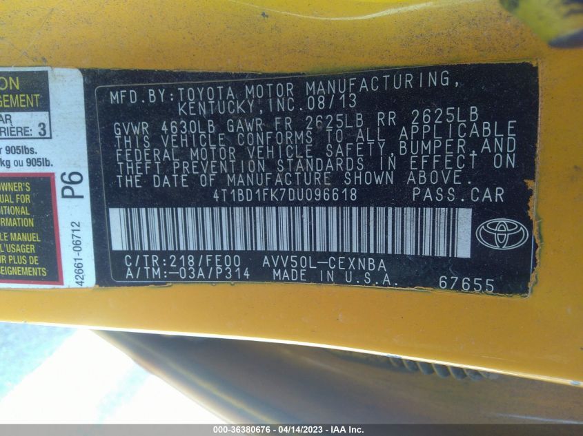 2013 TOYOTA CAMRY HYBRID LE/XLE 4T1BD1FK7DU096618