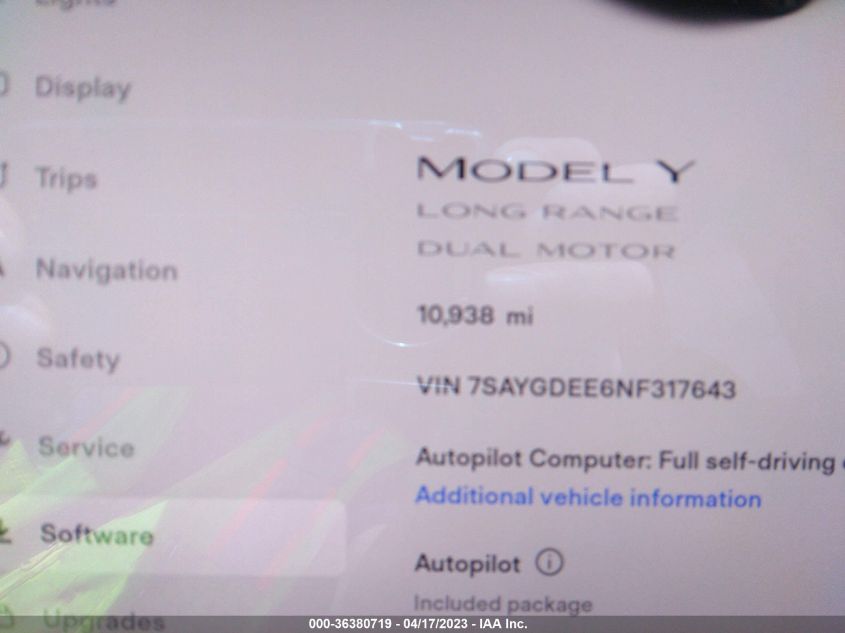 2022 TESLA MODEL Y LONG RANGE - 7SAYGDEE6NF317643