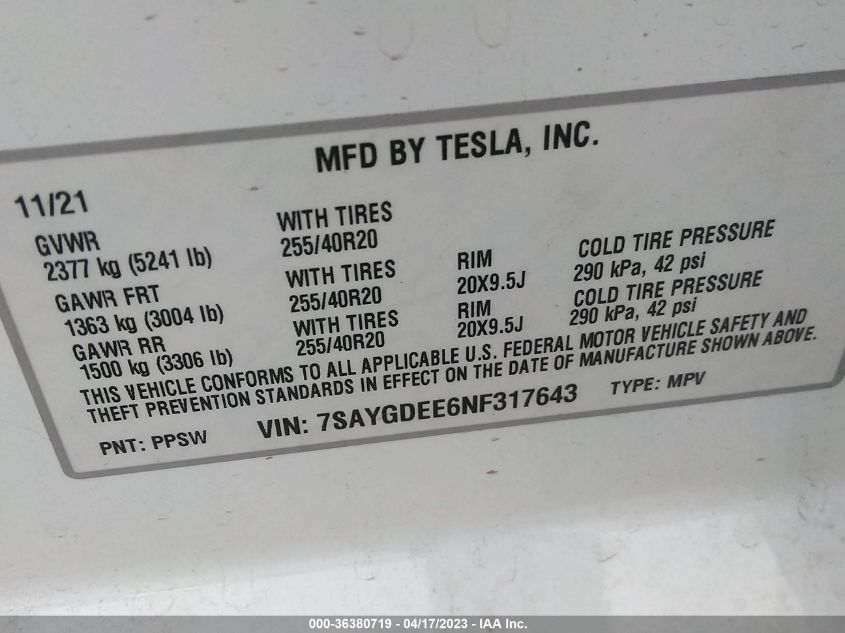 2022 TESLA MODEL Y LONG RANGE - 7SAYGDEE6NF317643