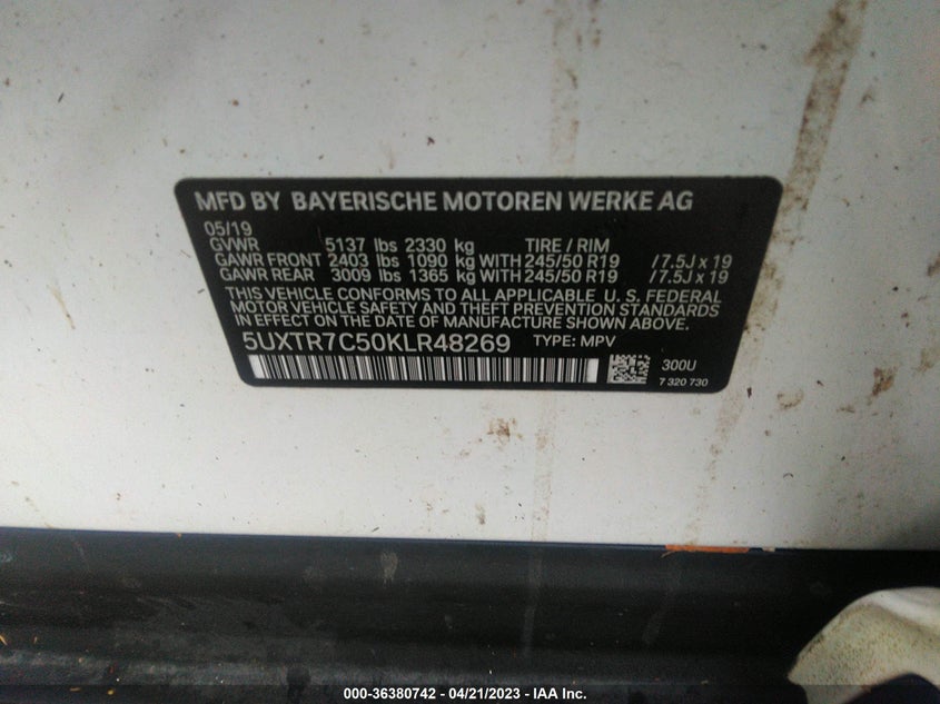 VIN 5UXTR7C50KLR48269 2019 BMW X3 SDRIVE30I