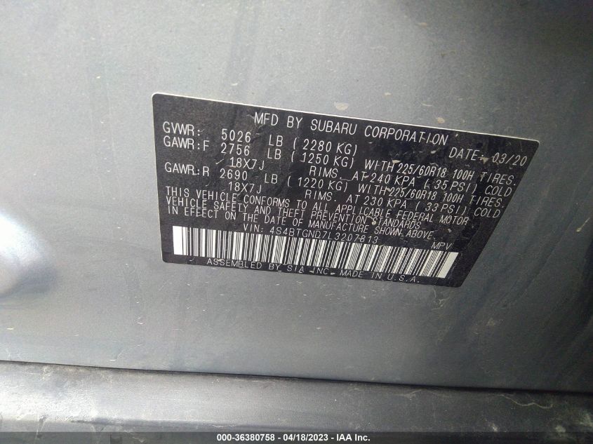 2020 SUBARU OUTBACK LIMITED XT - 4S4BTGND7L3207813