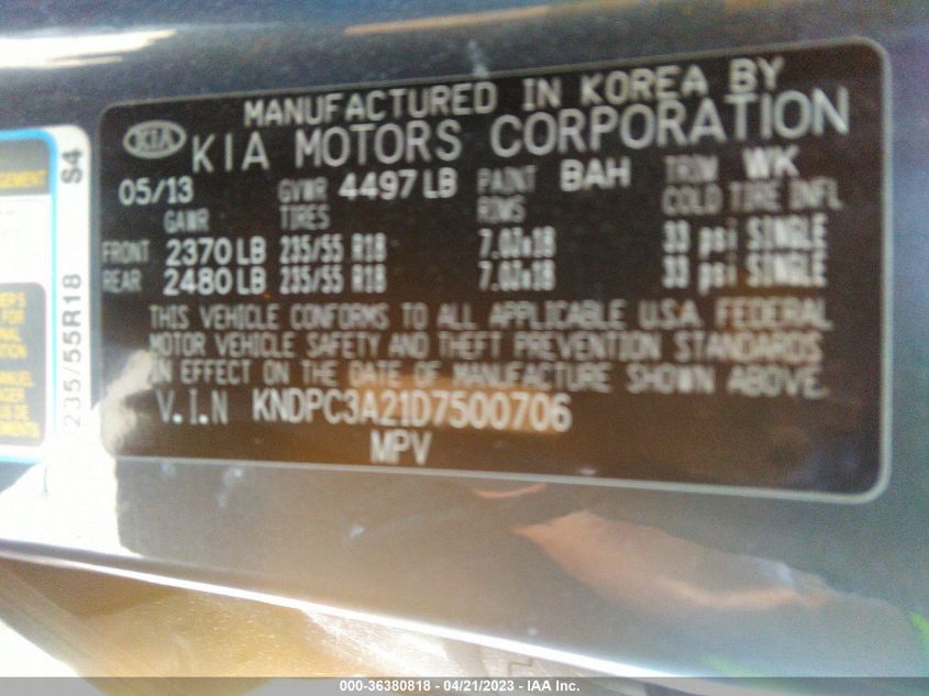 2013 KIA SPORTAGE EX - KNDPC3A21D7500706