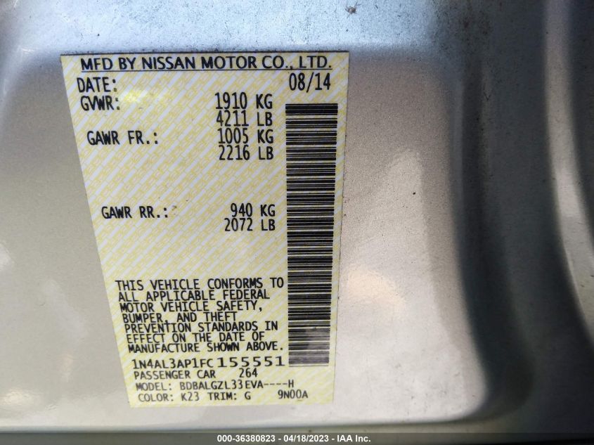 2015 NISSAN ALTIMA 2.5 S - 1N4AL3AP1FC155551