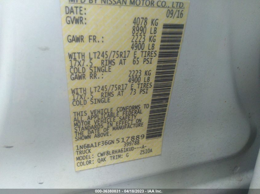2016 NISSAN TITAN XD S 1N6BA1F36GN517889