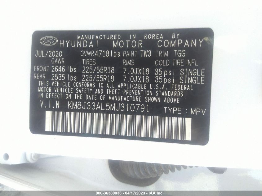 2021 HYUNDAI TUCSON SEL - KM8J33AL5MU310791