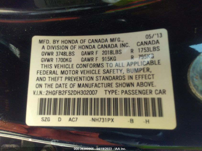 2013 HONDA CIVIC SDN LX - 2HGFB2F52DH302007