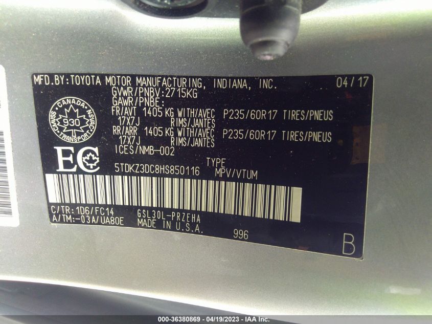 2017 TOYOTA SIENNA LE/SE - 5TDKZ3DC8HS850116