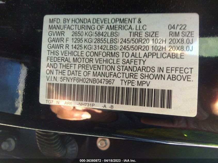 2022 HONDA PILOT ELITE - 5FNYF6H02NB047967