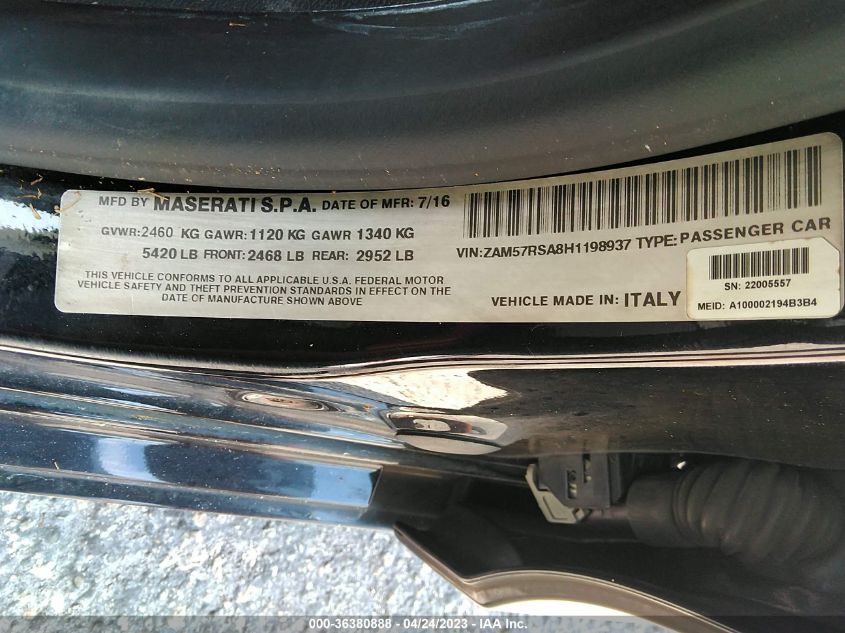 2017 MASERATI GHIBLI S ZAM57RSA8H1198937