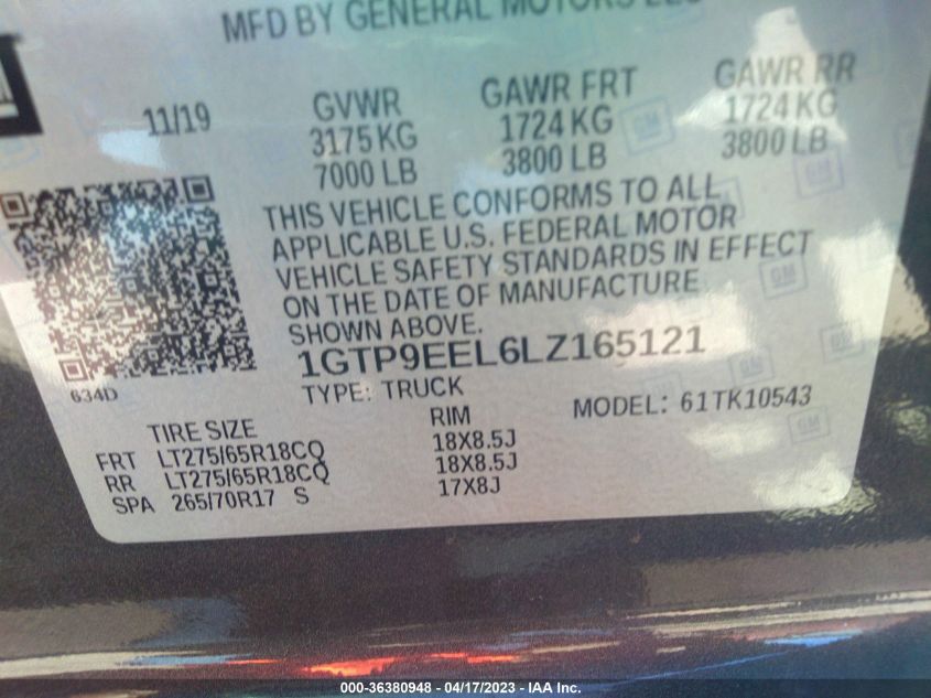2020 GMC SIERRA 1500 AT4 - 1GTP9EEL6LZ165121