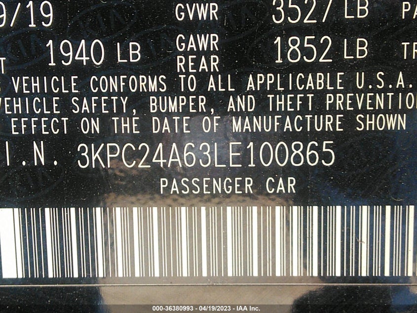 VIN 3KPC24A63LE100865 2020 HYUNDAI ACCENT SEL