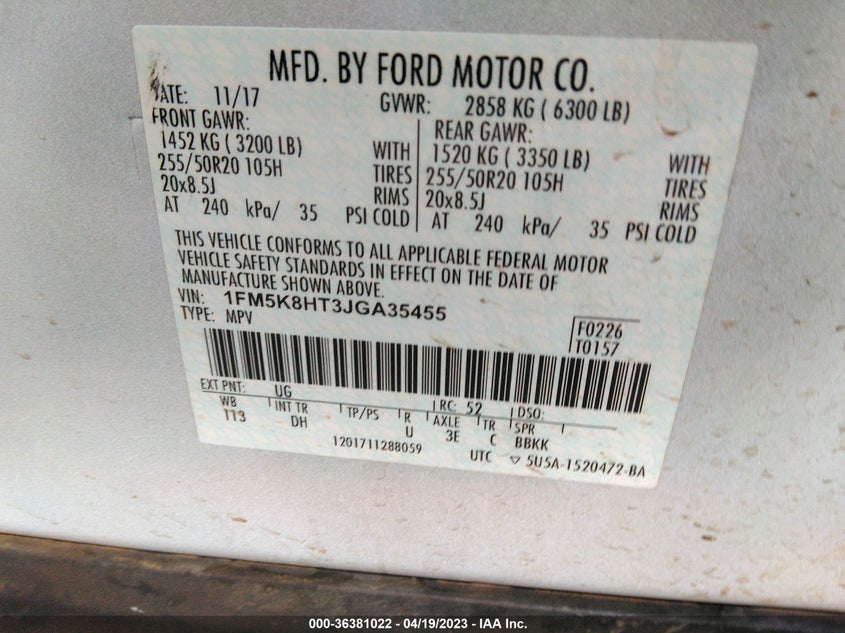 VIN 1FM5K8HT3JGA35455 2018 FORD EXPLORER PLATINUM