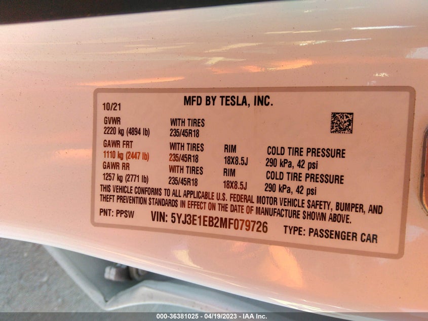 VIN 5YJ3E1EB2MF079726 2021 TESLA MODEL 3 LONG RANGE