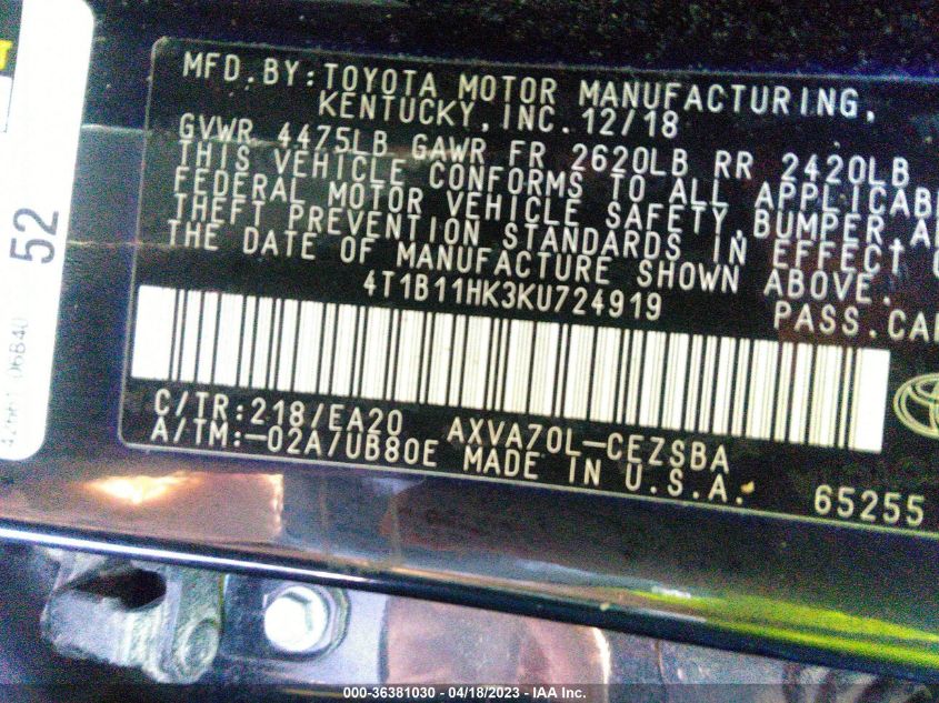 2019 TOYOTA CAMRY LE/SE/XLE/L - 4T1B11HK3KU724919