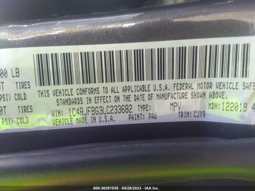 VIN 1C4RJFBG3LC233682 2020 JEEP GRAND CHEROKEE LIMITED