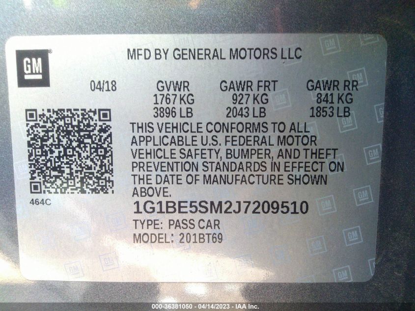 2018 CHEVROLET CRUZE LT - 1G1BE5SM2J7209510