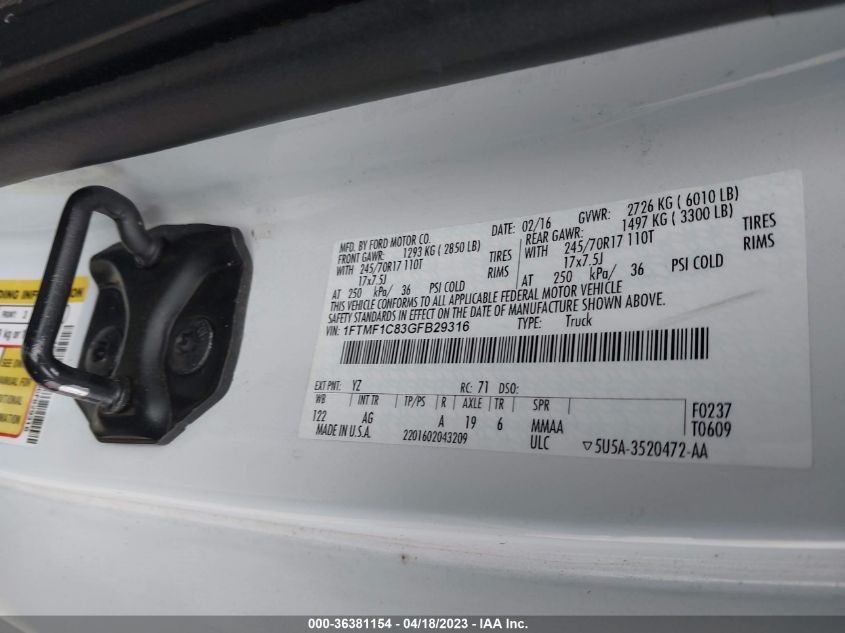 2016 FORD F-150 XL/XLT - 1FTMF1C83GFB29316