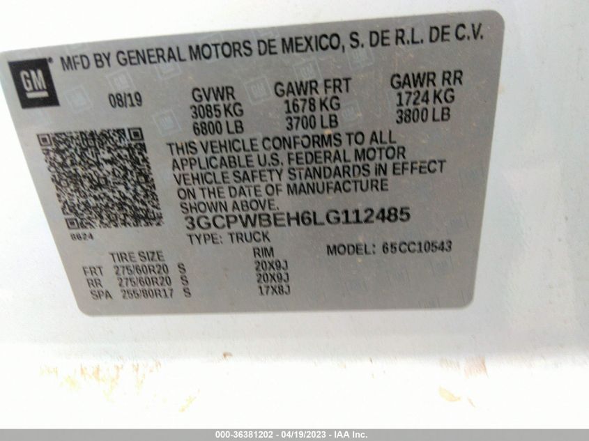 2020 CHEVROLET SILVERADO 1500 CUSTOM - 3GCPWBEH6LG112485
