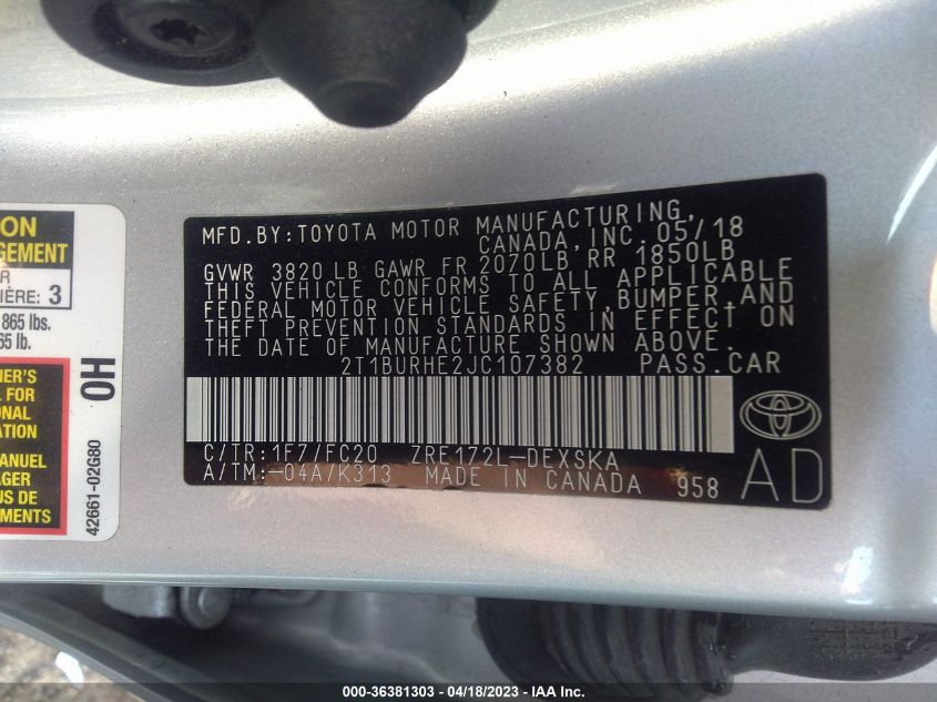2018 TOYOTA COROLLA L/LE/XLE/SE/XSE - 2T1BURHE2JC107382