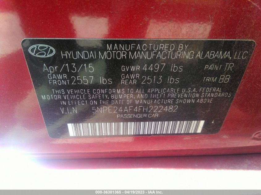 2015 HYUNDAI SONATA 2.4L SE - 5NPE24AF4FH222482