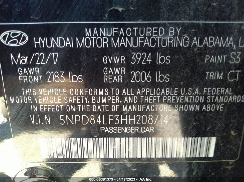 2017 HYUNDAI ELANTRA LIMITED - 5NPD84LF3HH208714