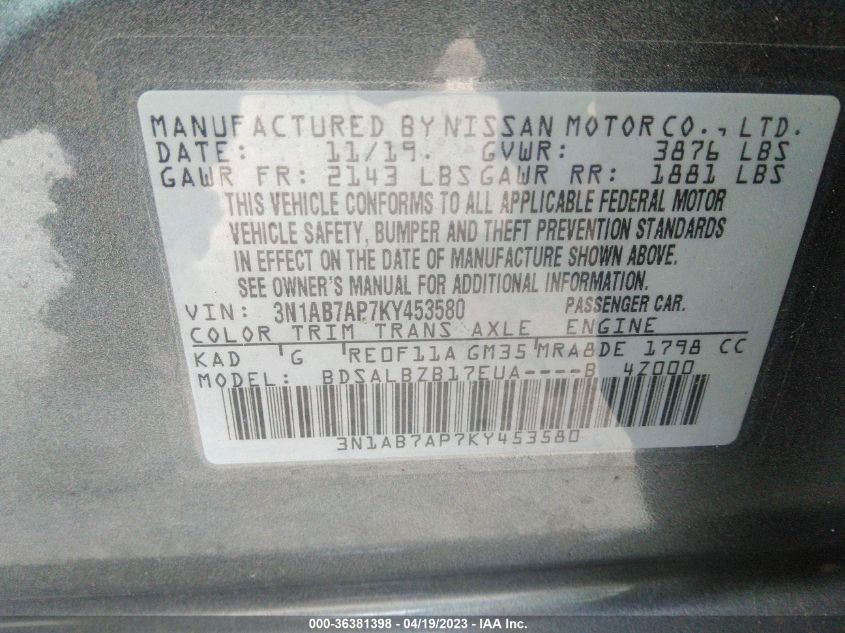 2019 NISSAN SENTRA S - 3N1AB7AP7KY453580