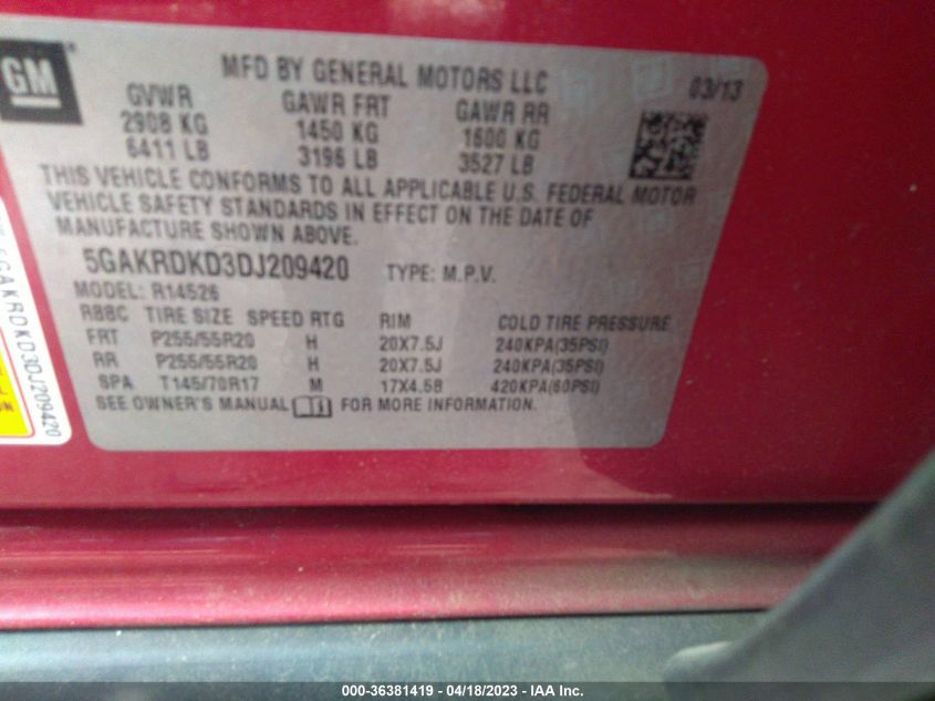2013 BUICK ENCLAVE PREMIUM - 5GAKRDKD3DJ209420