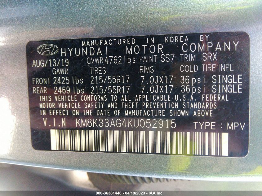 2019 HYUNDAI KONA EV LIMITED - KM8K33AG4KU052915