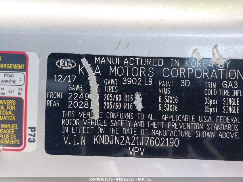 2018 KIA SOUL BASE - KNDJN2A21J7602190