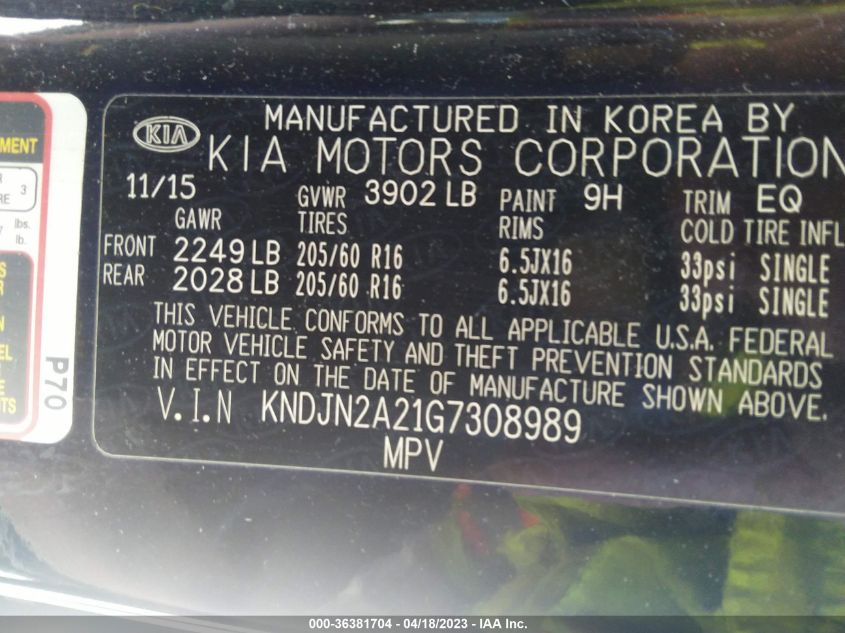 2016 KIA SOUL BASE - KNDJN2A21G7308989