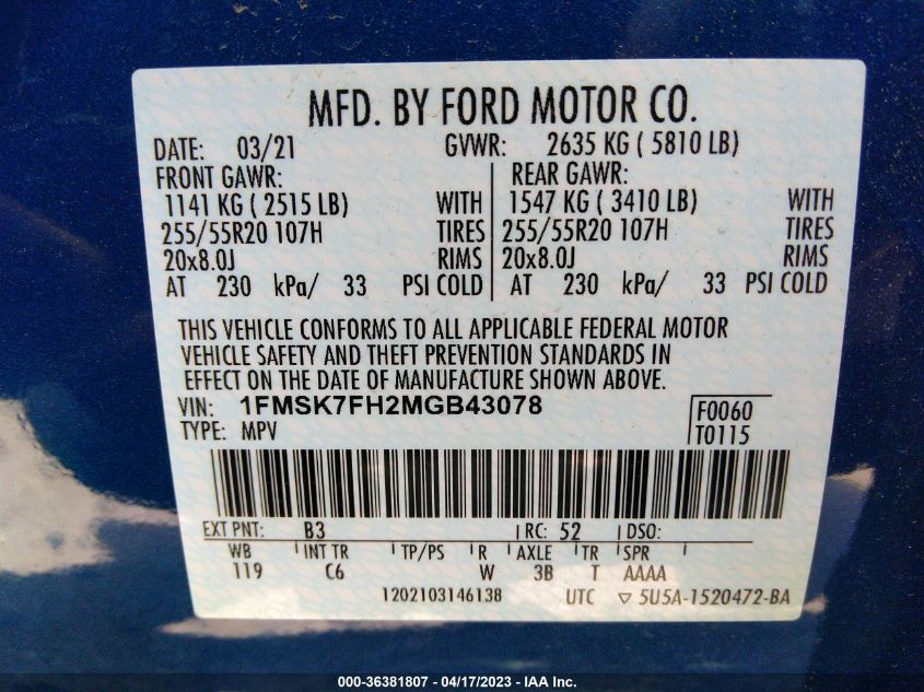 2021 FORD EXPLORER LIMITED - 1FMSK7FH2MGB43078