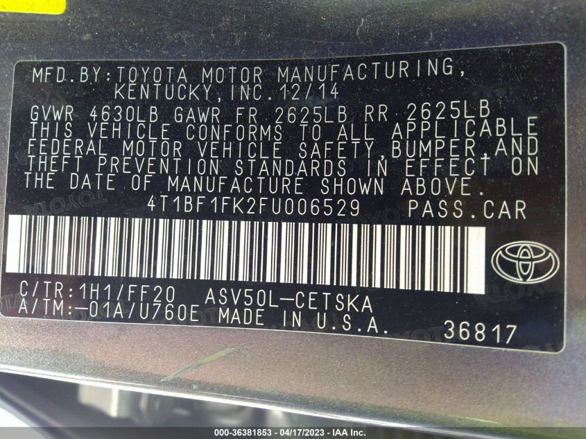 2015 TOYOTA CAMRY XLE/SE/LE/XSE - 4T1BF1FK2FU006529