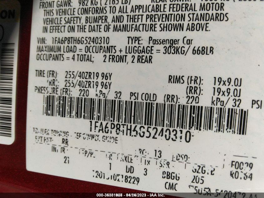 2016 FORD MUSTANG ECOBOOST - 1FA6P8TH6G5240310