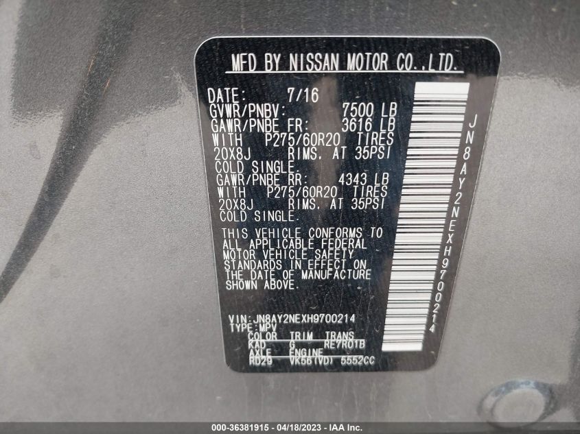 2017 NISSAN ARMADA PLATINUM - JN8AY2NEXH9700214