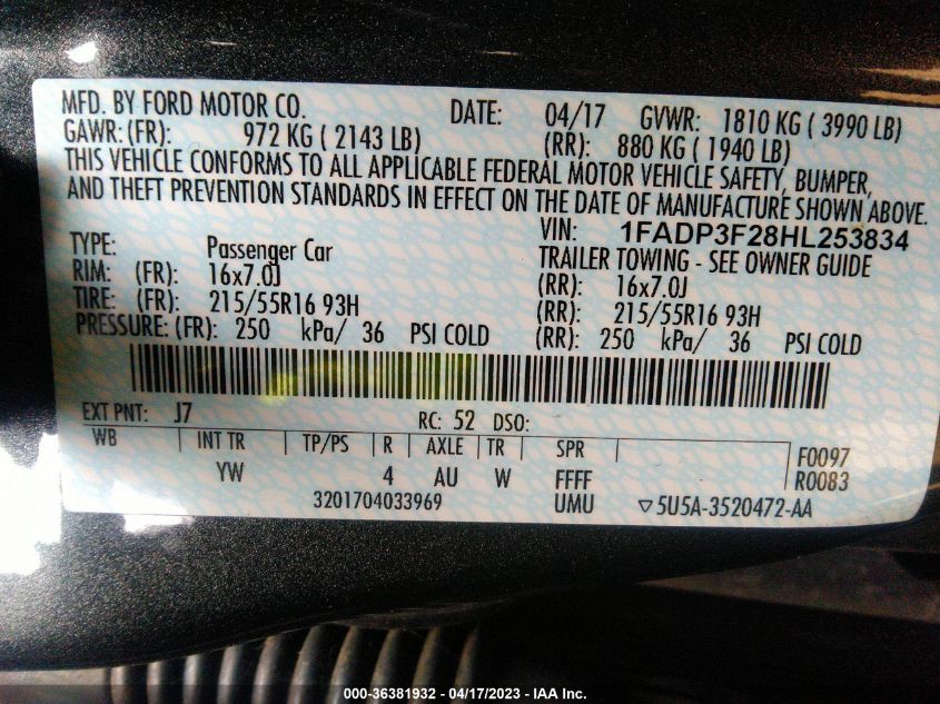 2017 FORD FOCUS SE - 1FADP3F28HL253834