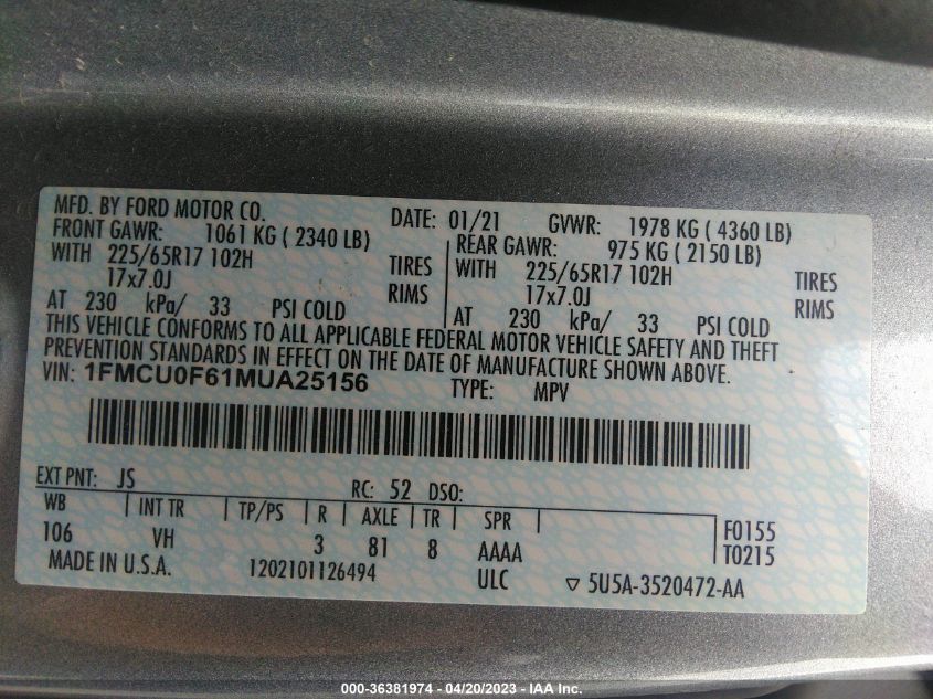 2021 FORD ESCAPE S - 1FMCU0F61MUA25156