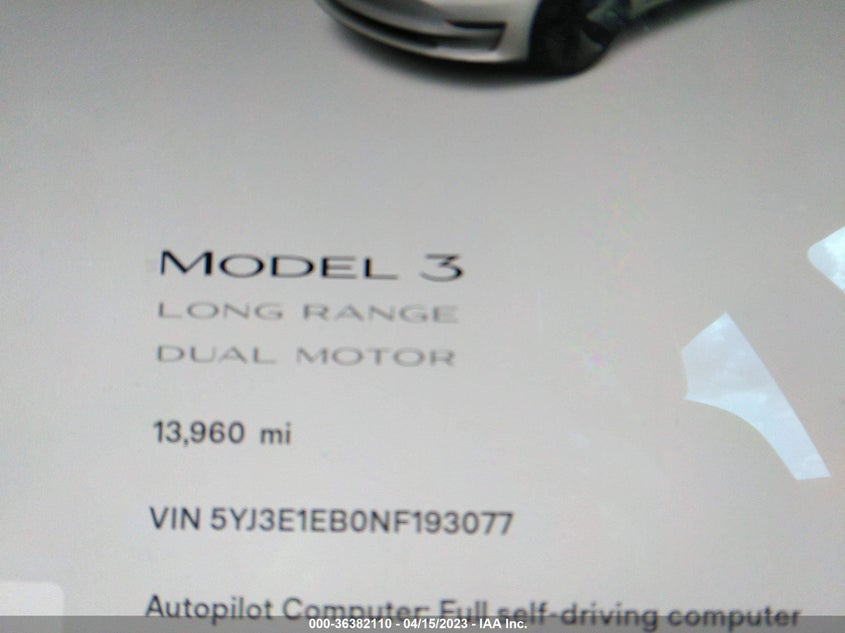 VIN 5YJ3E1EB0NF193077 2022 TESLA MODEL 3 LONG RANGE