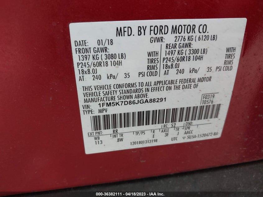 VIN 1FM5K7D86JGA88291 2018 FORD EXPLORER XLT