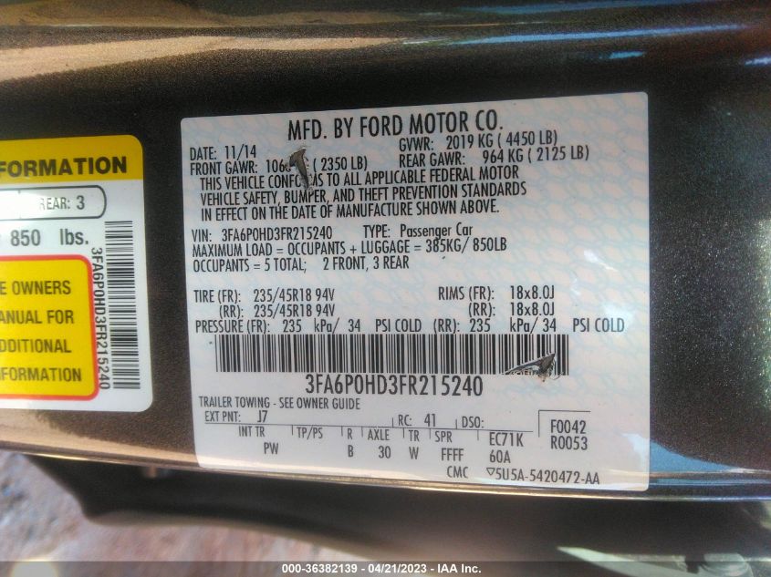 2015 FORD FUSION SE - 3FA6P0HD3FR215240