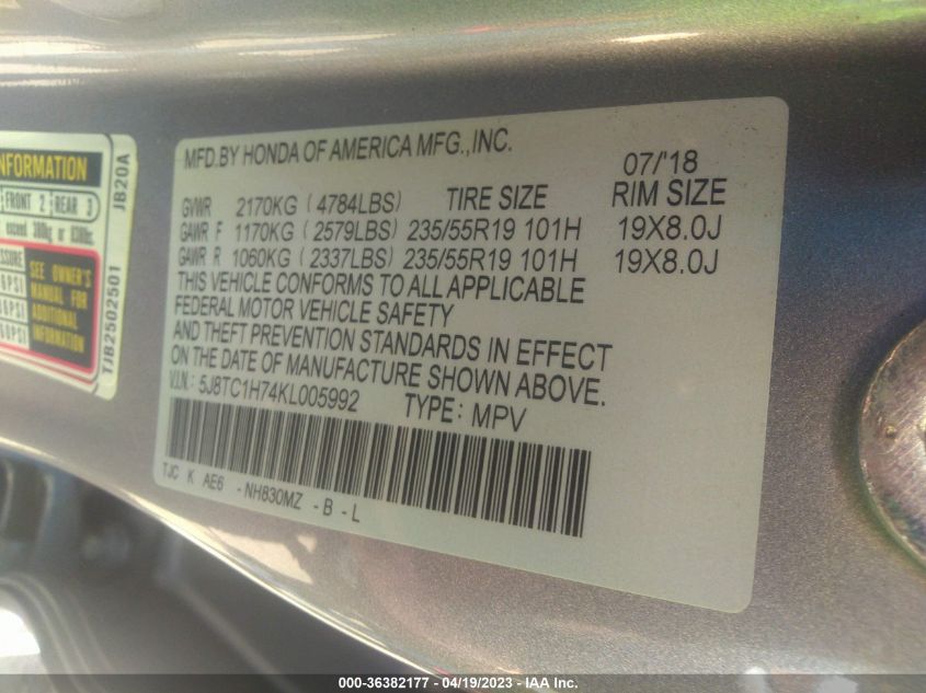 2019 ACURA RDX W/ADVANCE PKG - 5J8TC1H74KL005992