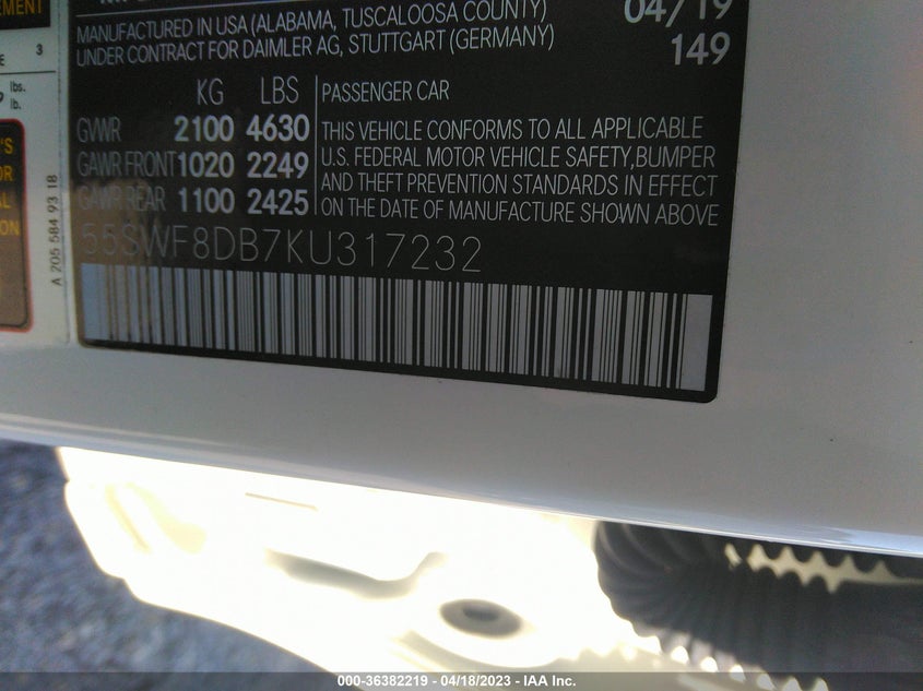 VIN 55SWF8DB7KU317232 2019 MERCEDES-BENZ C-CLASS C 300