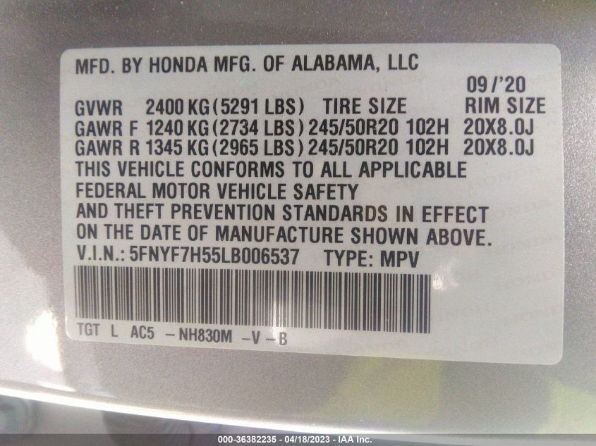 2020 HONDA PASSPORT EX-L 5FNYF7H55LB006537
