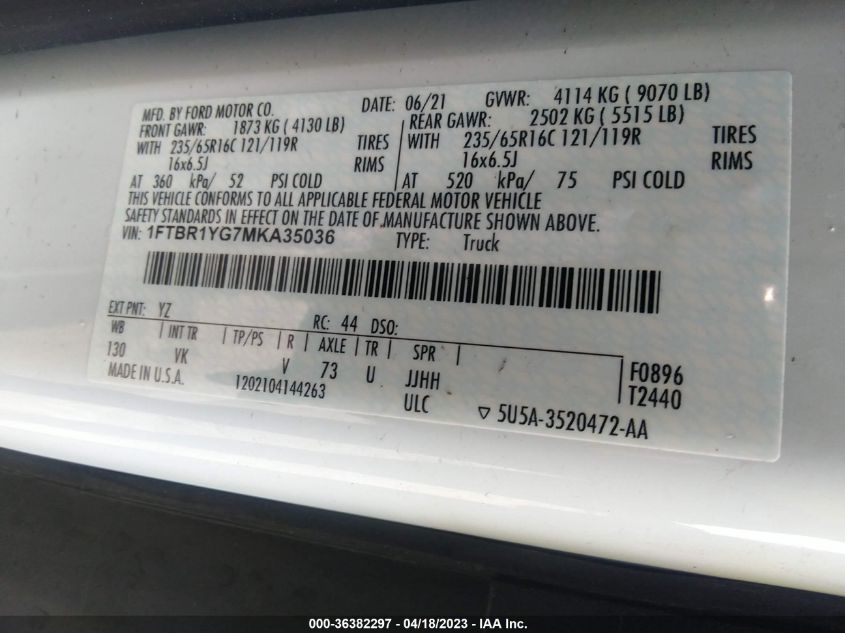 2021 FORD TRANSIT CARGO VAN - 1FTBR1YG7MKA35036